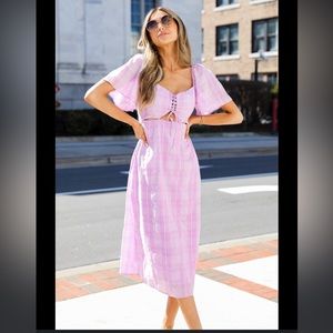 Lavender Plaid Lace-Up Midi Dress Small